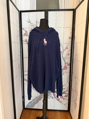Ralph Lauren Navy Cable-Knit Hoodie with Pink Pony Logo